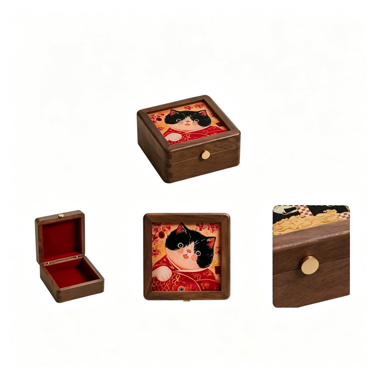 Starry Cat Art Walnut Keepsake Box | Tempered Glass Jewelry Case