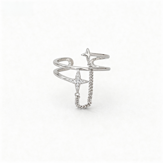 The Starlight Wish Ring | Double Layer Chain & Shooting Star Ring | Adjustable Sterling Silver