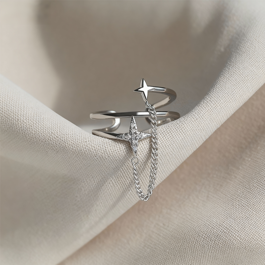 Shooting Star Ring | Double Layer Chain Ring | Sterling Silver Adjustable | Wish Ring
