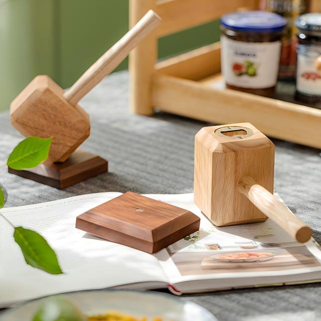 Viking Style Wood Hammer Ornament | Hidden Bottle Opener & Magnetic Stand | Creative Stress Relief Gift