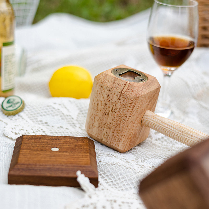 Viking Style Wood Hammer Ornament | Hidden Bottle Opener & Magnetic Stand | Creative Stress Relief Gift