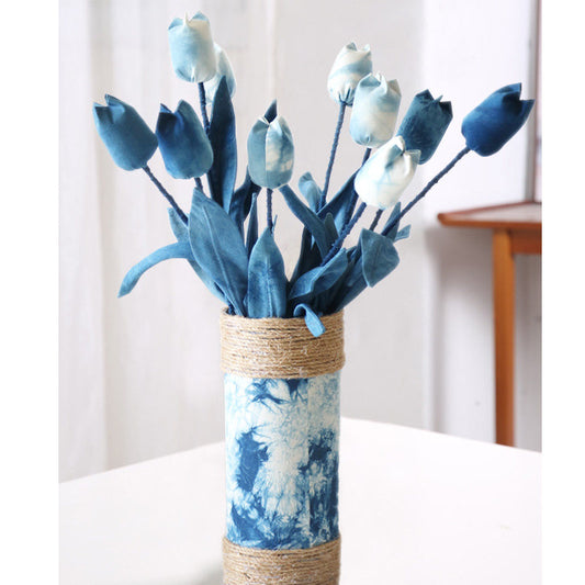 Tie-Dye Woven Vase with Fabric Flowers, Handmade Jute Wrapped Bottle, Positive Energy Gift