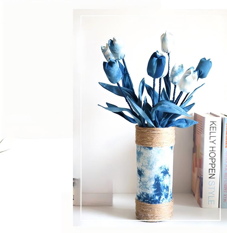 Tie-Dye Woven Vase with Fabric Flowers, Handmade Jute Wrapped Bottle, Positive Energy Gift