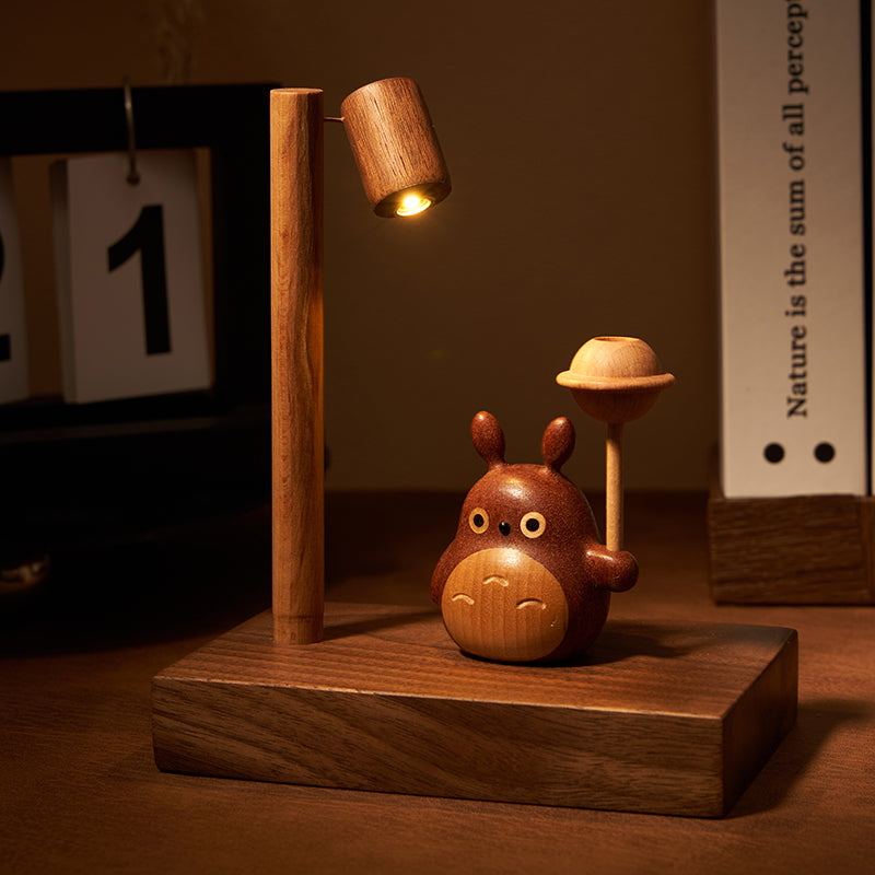 Totoro Aromatherapy Ornament - Handcrafted Wood Display Stand with LED Light