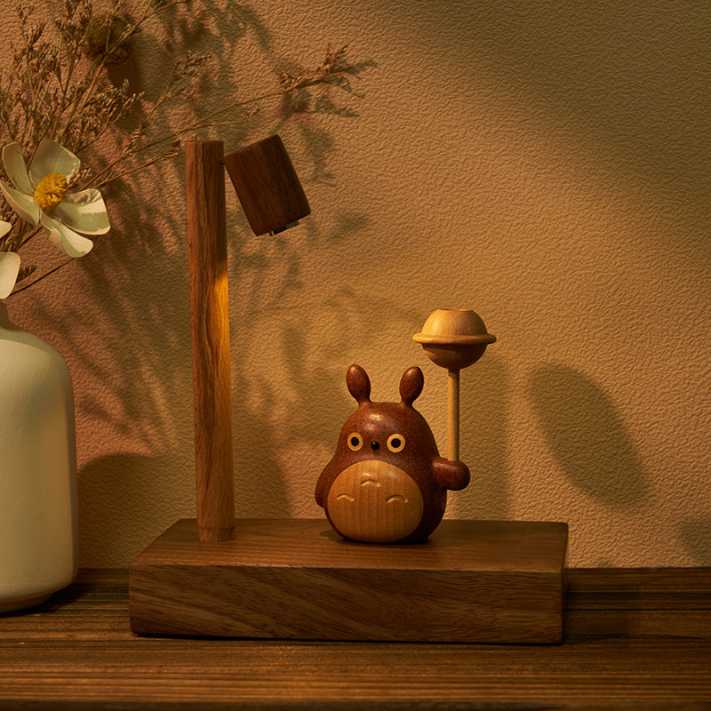 Totoro Aromatherapy Ornament - Handcrafted Wood Display Stand with LED Light