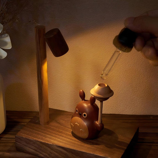 Totoro Aromatherapy Ornament - Handcrafted Wood Display Stand with LED Light