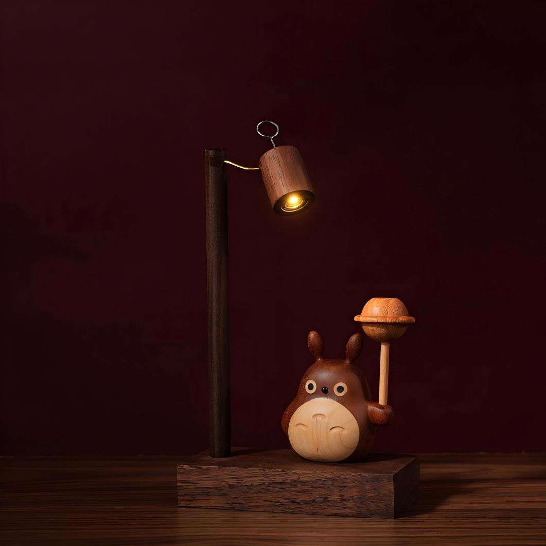 Totoro Aromatherapy Ornament - Handcrafted Wood Display Stand with LED Light