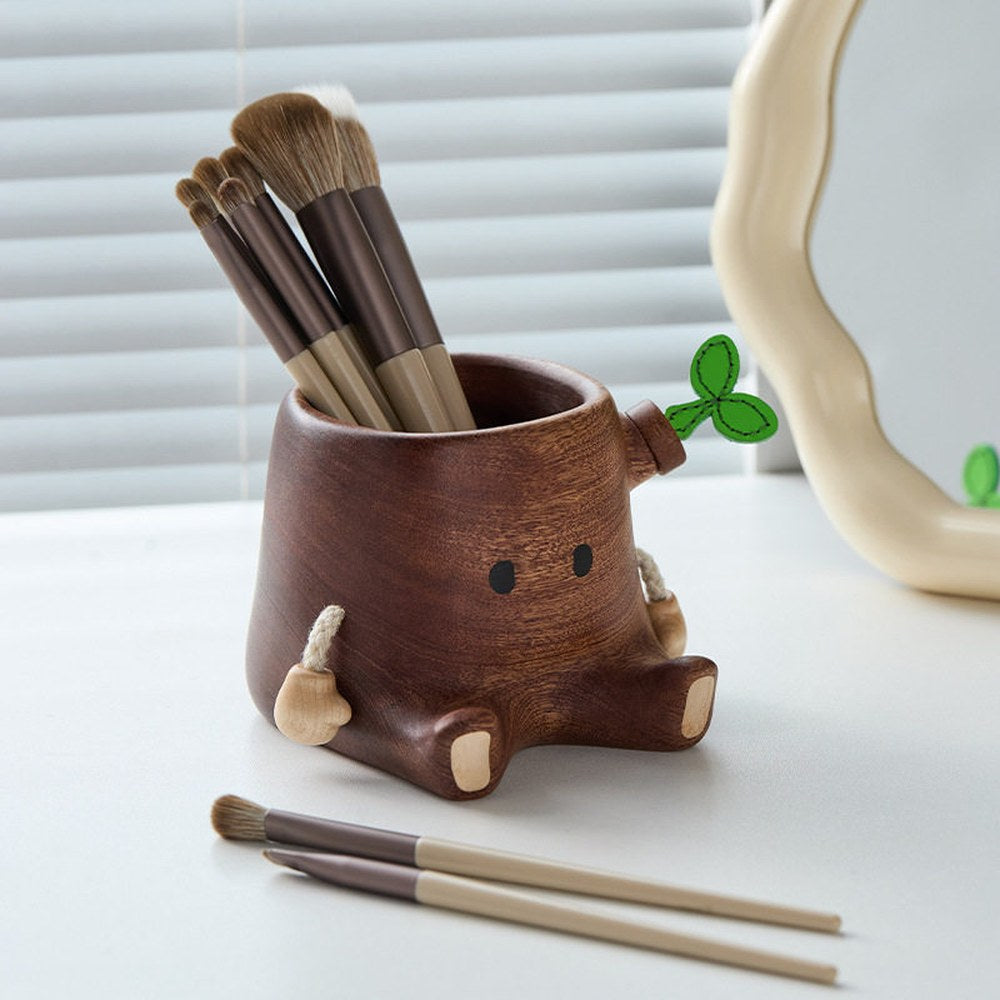 Tree Stump Solid Wood Pen Holder, Handcrafted Natural Wood Desk Organizer, Office Gift