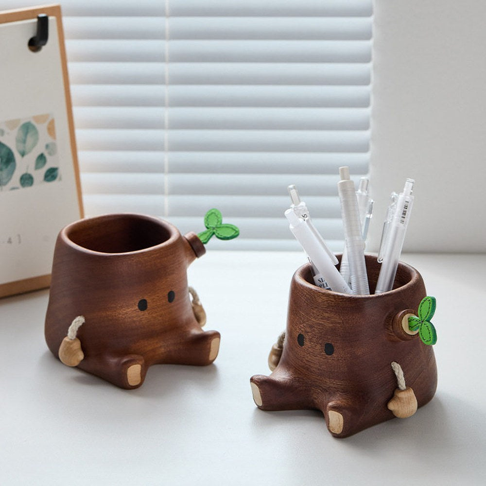 Tree Stump Solid Wood Pen Holder, Handcrafted Natural Wood Desk Organizer, Office Gift