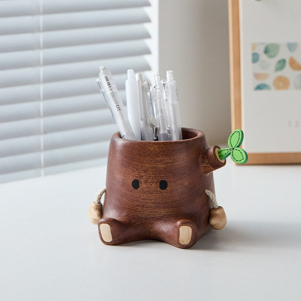 Tree Stump Solid Wood Pen Holder, Handcrafted Natural Wood Desk Organizer, Office Gift