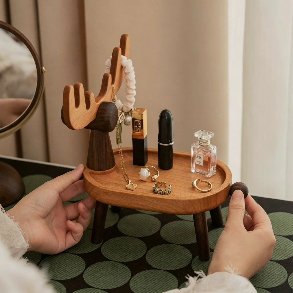 Two-Tone Wood Deer Jewelry Stand | Antler & Catchall Tray