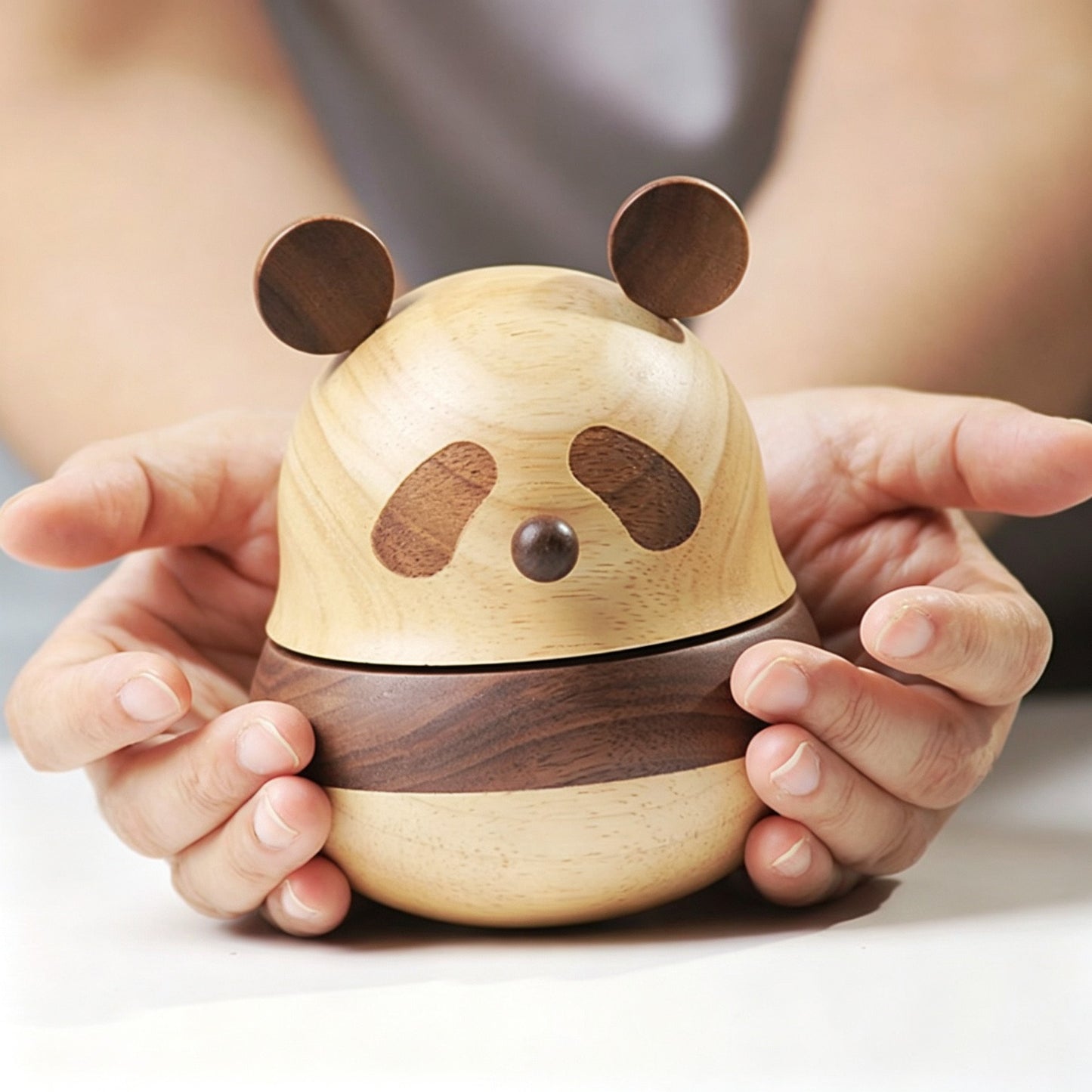 Two-Tone Wood Panda Music Box | Solid Wood + Walnut Inlay | Wind-Up Iron Movement | 3 Songs