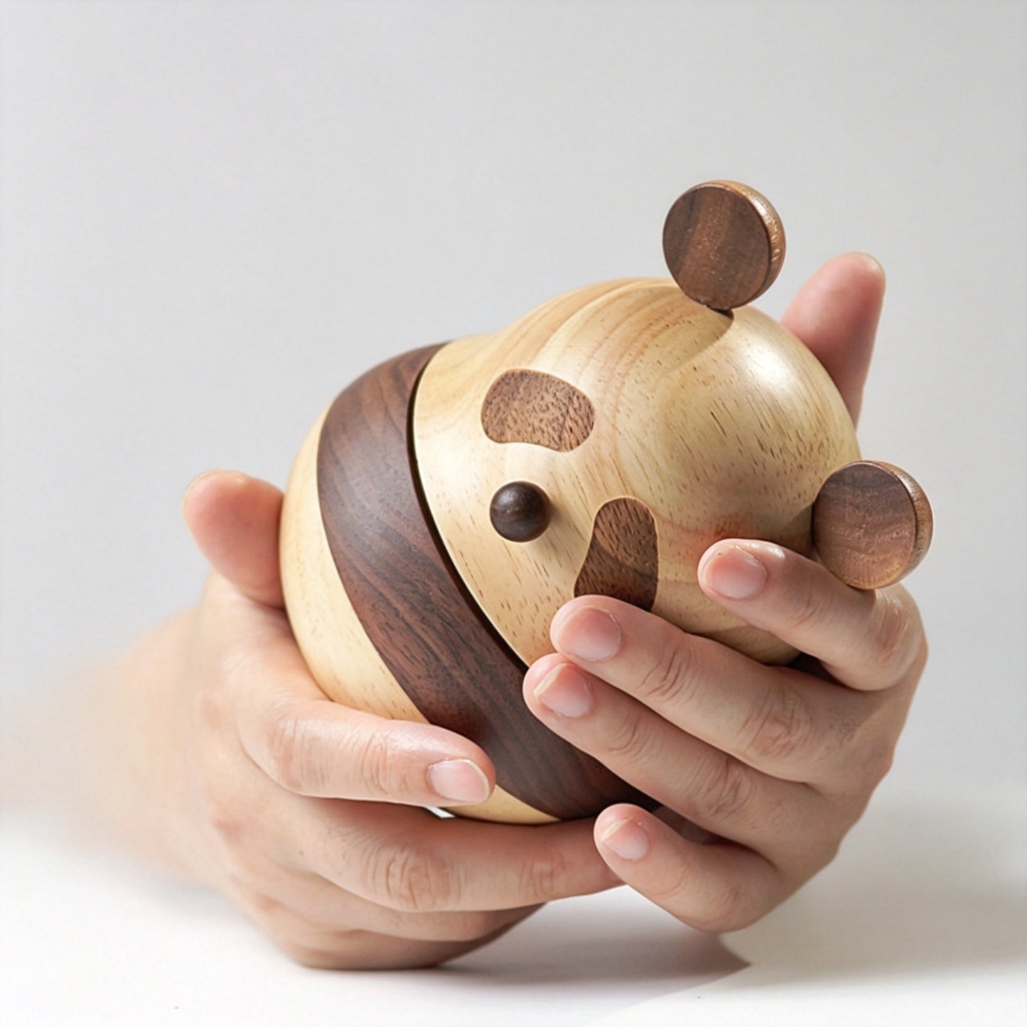 Two-Tone Wood Panda Music Box | Solid Wood + Walnut Inlay | Wind-Up Iron Movement | 3 Songs