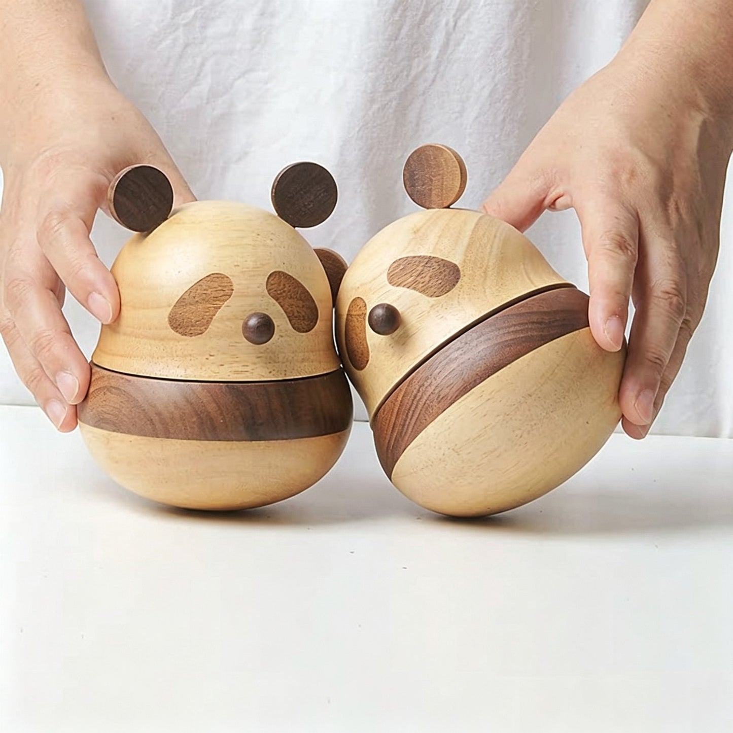 Two-Tone Wood Panda Music Box | Solid Wood + Walnut Inlay | Wind-Up Iron Movement | 3 Songs