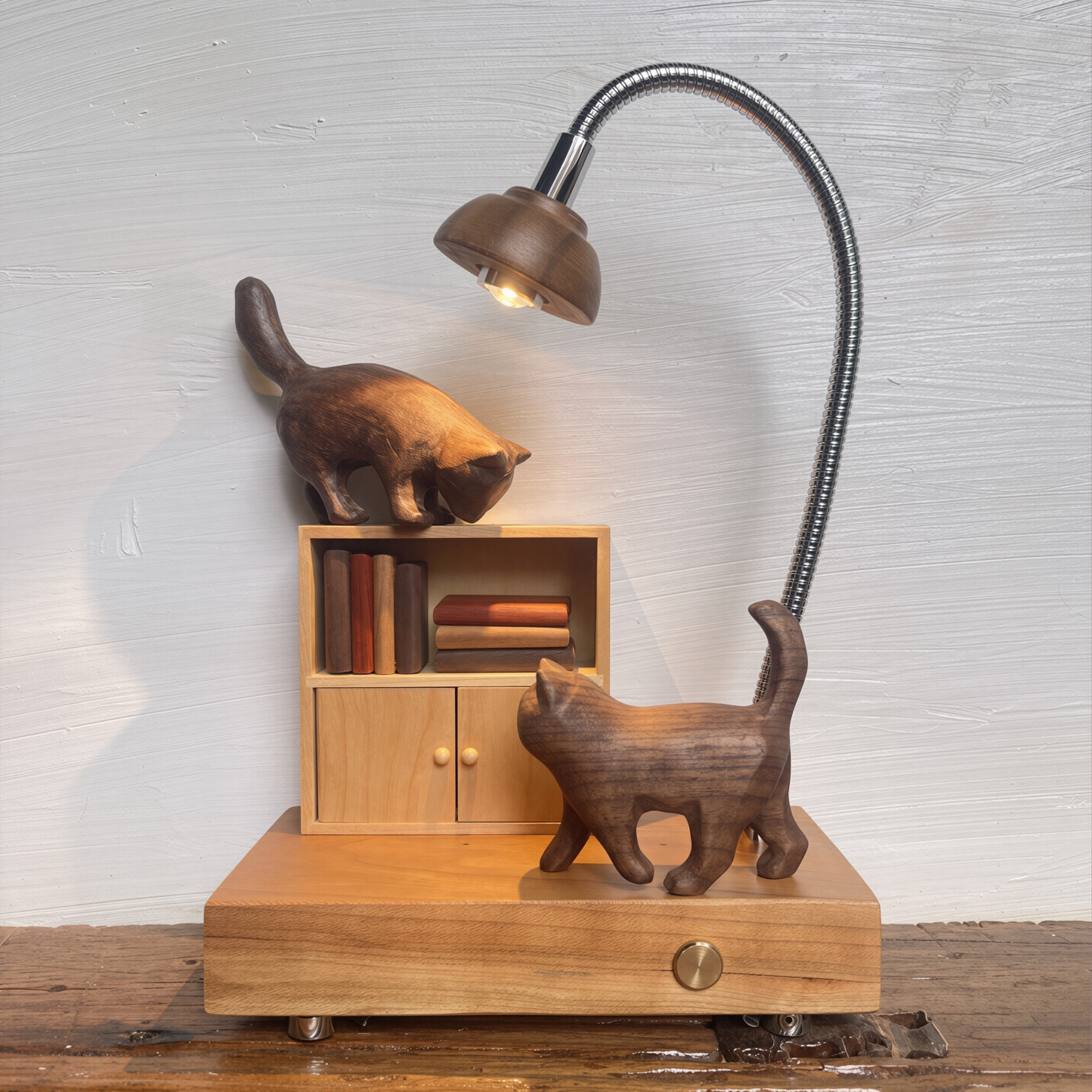 Cat & Cabinet Wood Night Light | Rosewood Walnut Cherry Desk Sculpture | Engravable Rechargeable Decor