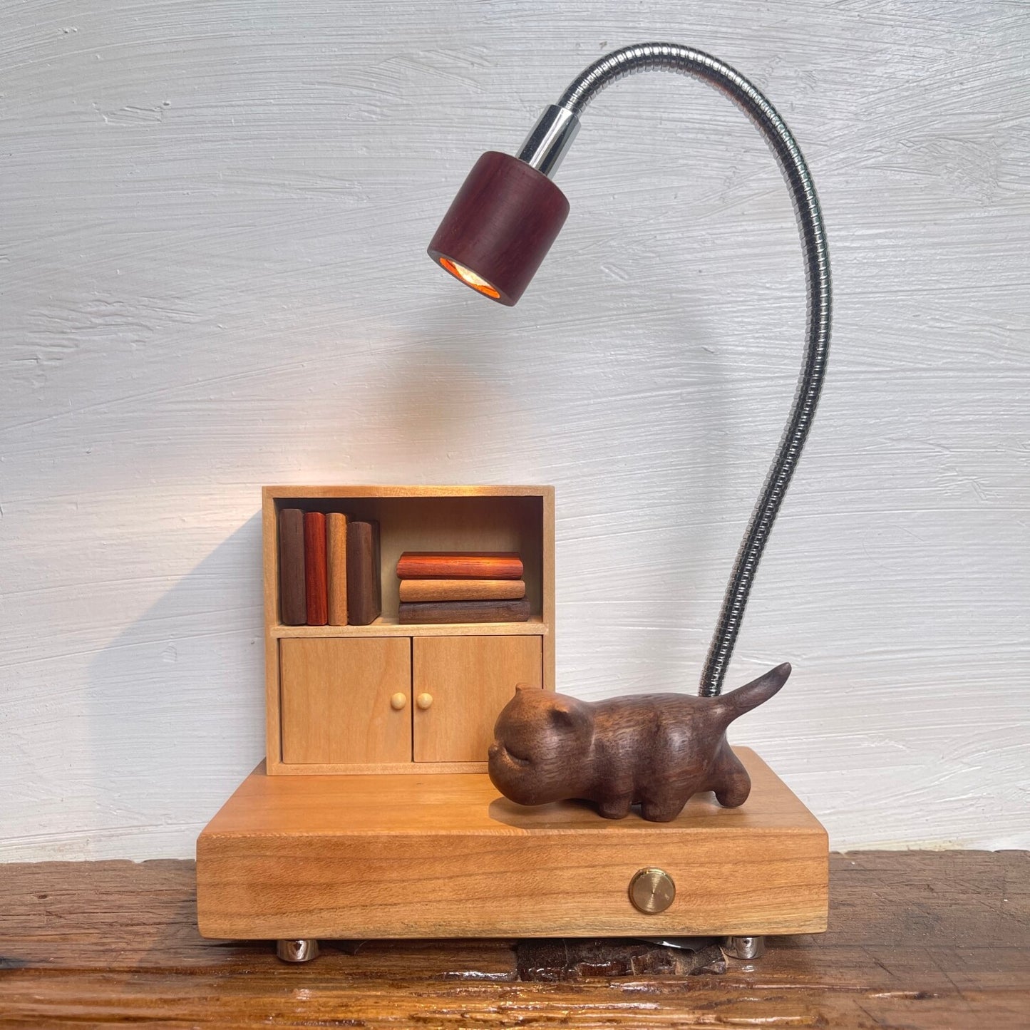 Cat & Cabinet Wood Night Light | Rosewood Walnut Cherry Desk Sculpture | Engravable Rechargeable Decor