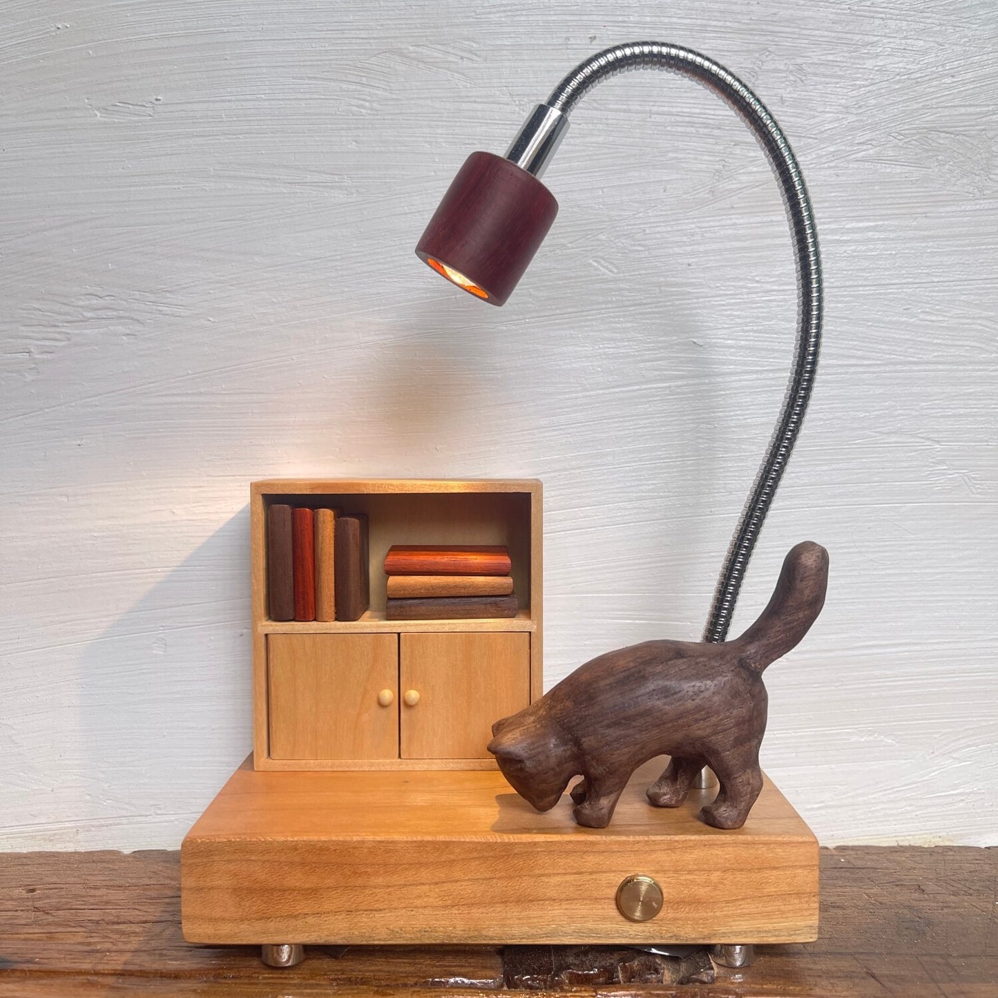 Cat & Cabinet Wood Night Light | Rosewood Walnut Cherry Desk Sculpture | Engravable Rechargeable Decor
