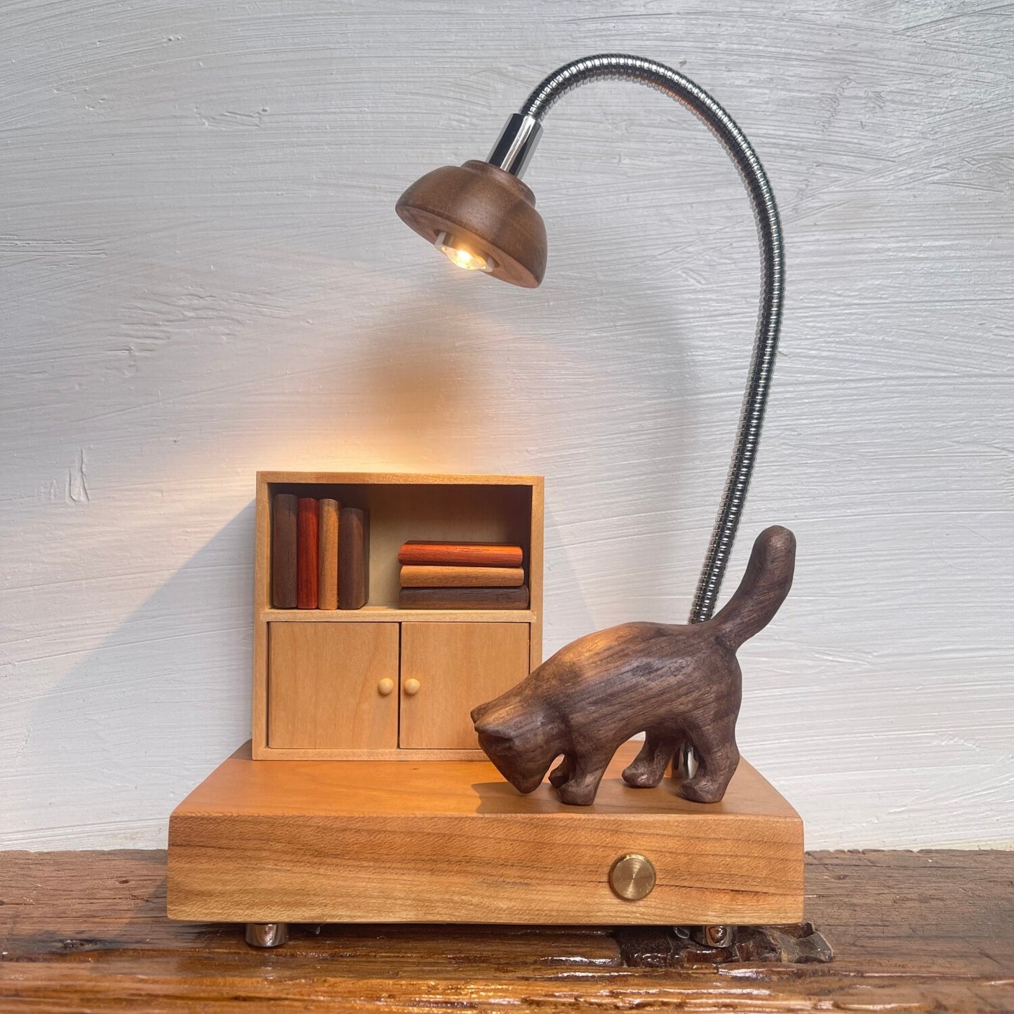 Cat & Cabinet Wood Night Light | Rosewood Walnut Cherry Desk Sculpture | Engravable Rechargeable Decor