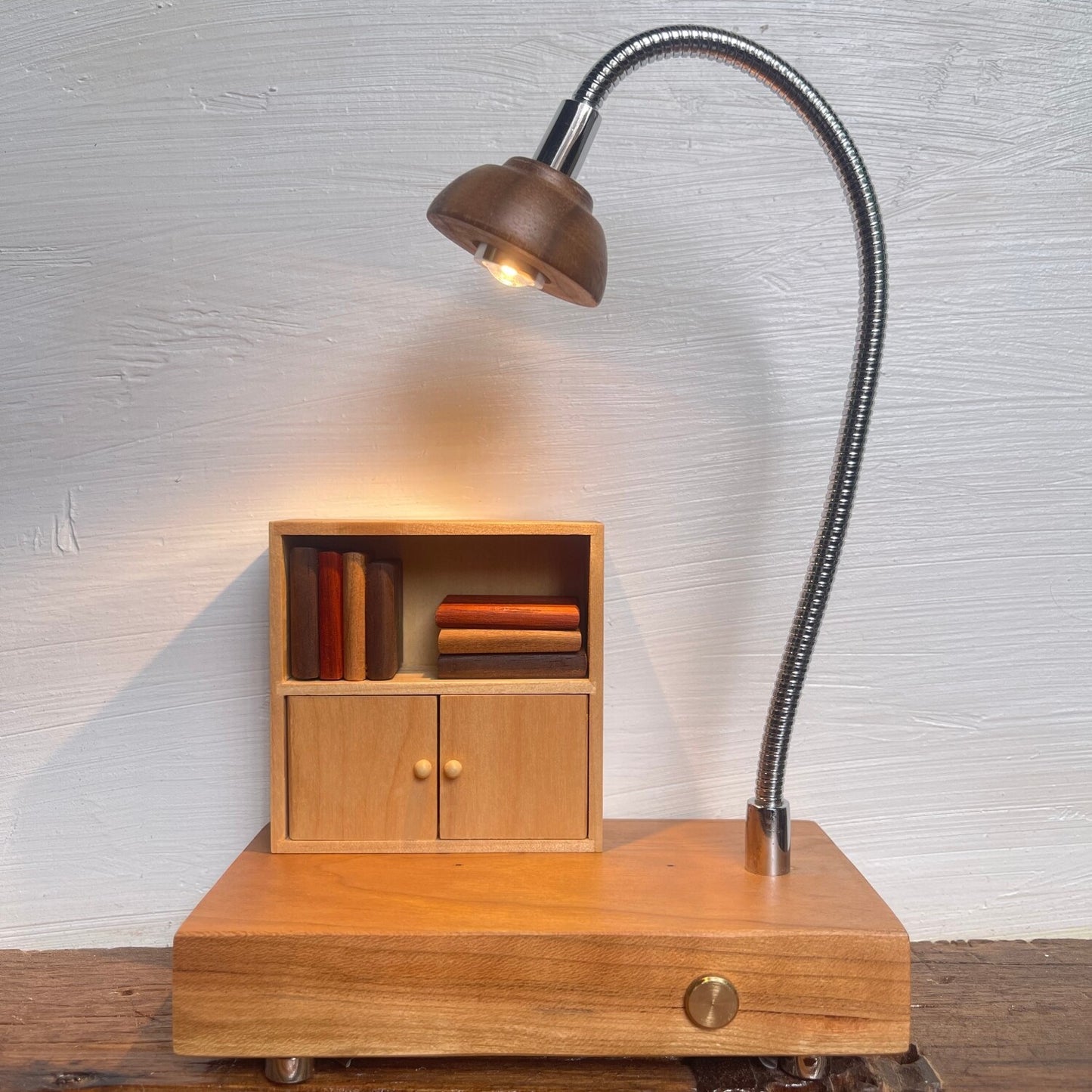 Cat & Cabinet Wood Night Light | Rosewood Walnut Cherry Desk Sculpture | Engravable Rechargeable Decor