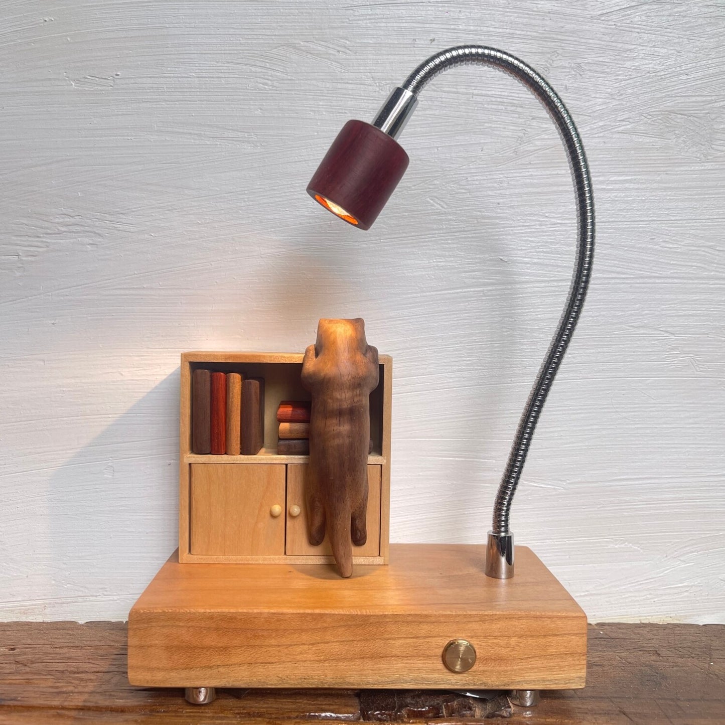 Cat & Cabinet Wood Night Light | Rosewood Walnut Cherry Desk Sculpture | Engravable Rechargeable Decor