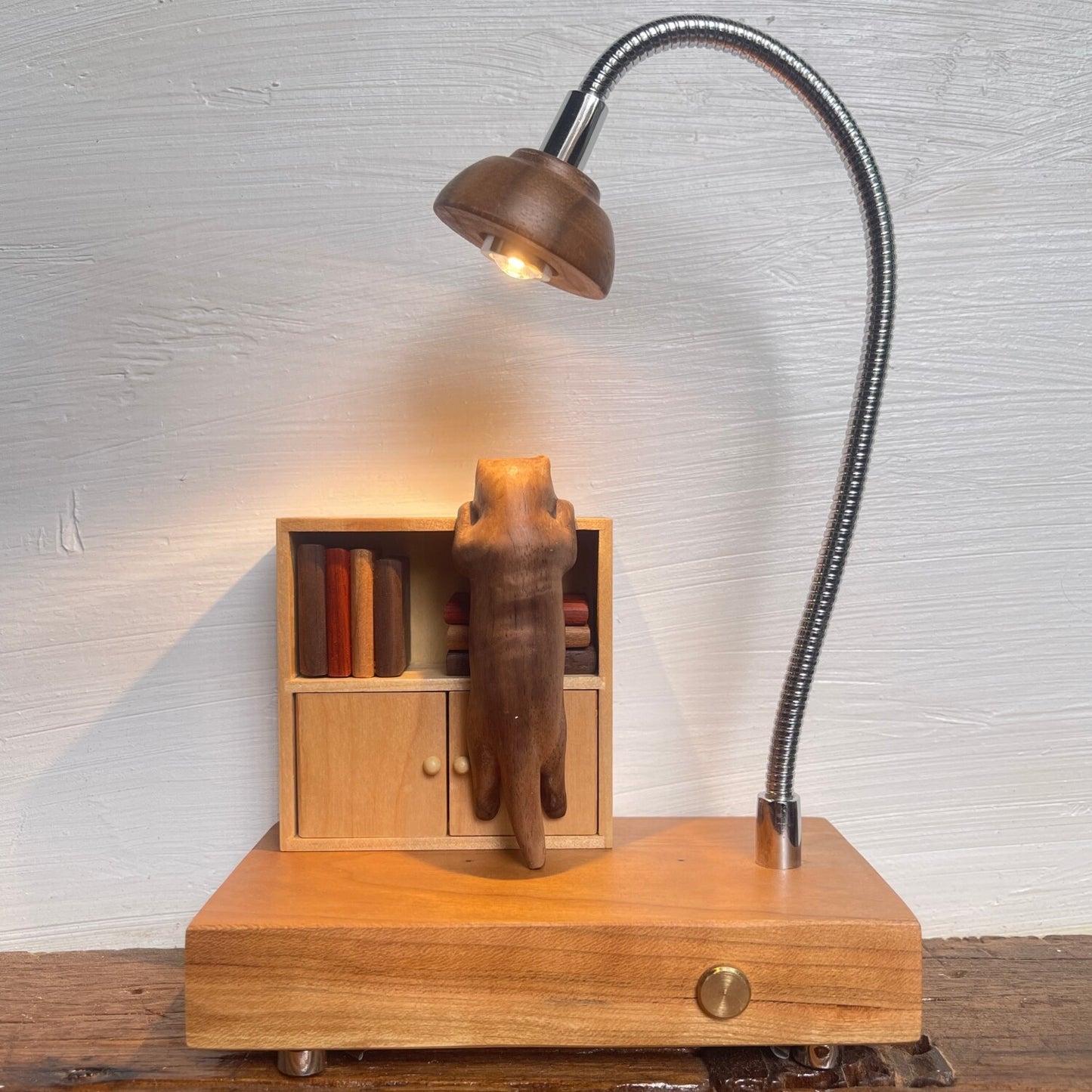 Cat & Cabinet Wood Night Light | Rosewood Walnut Cherry Desk Sculpture | Engravable Rechargeable Decor