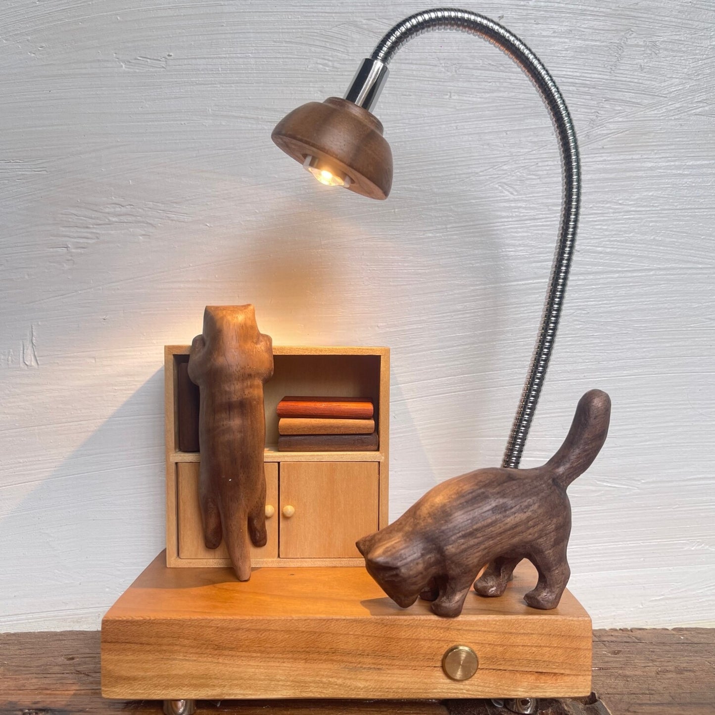 Cat & Cabinet Wood Night Light | Rosewood Walnut Cherry Desk Sculpture | Engravable Rechargeable Decor