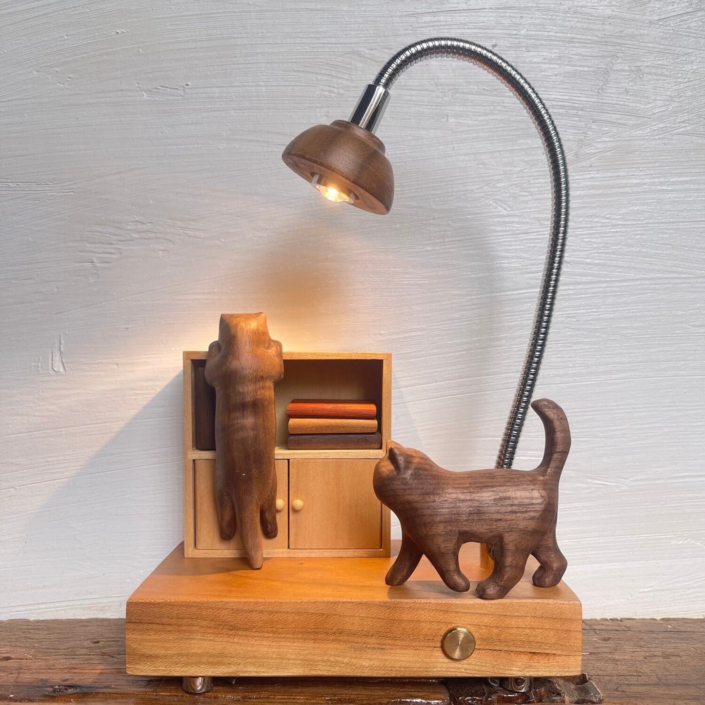 Cat & Cabinet Wood Night Light | Rosewood Walnut Cherry Desk Sculpture | Engravable Rechargeable Decor