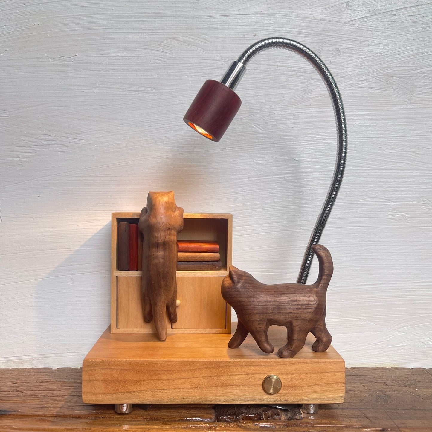 Cat & Cabinet Wood Night Light | Rosewood Walnut Cherry Desk Sculpture | Engravable Rechargeable Decor