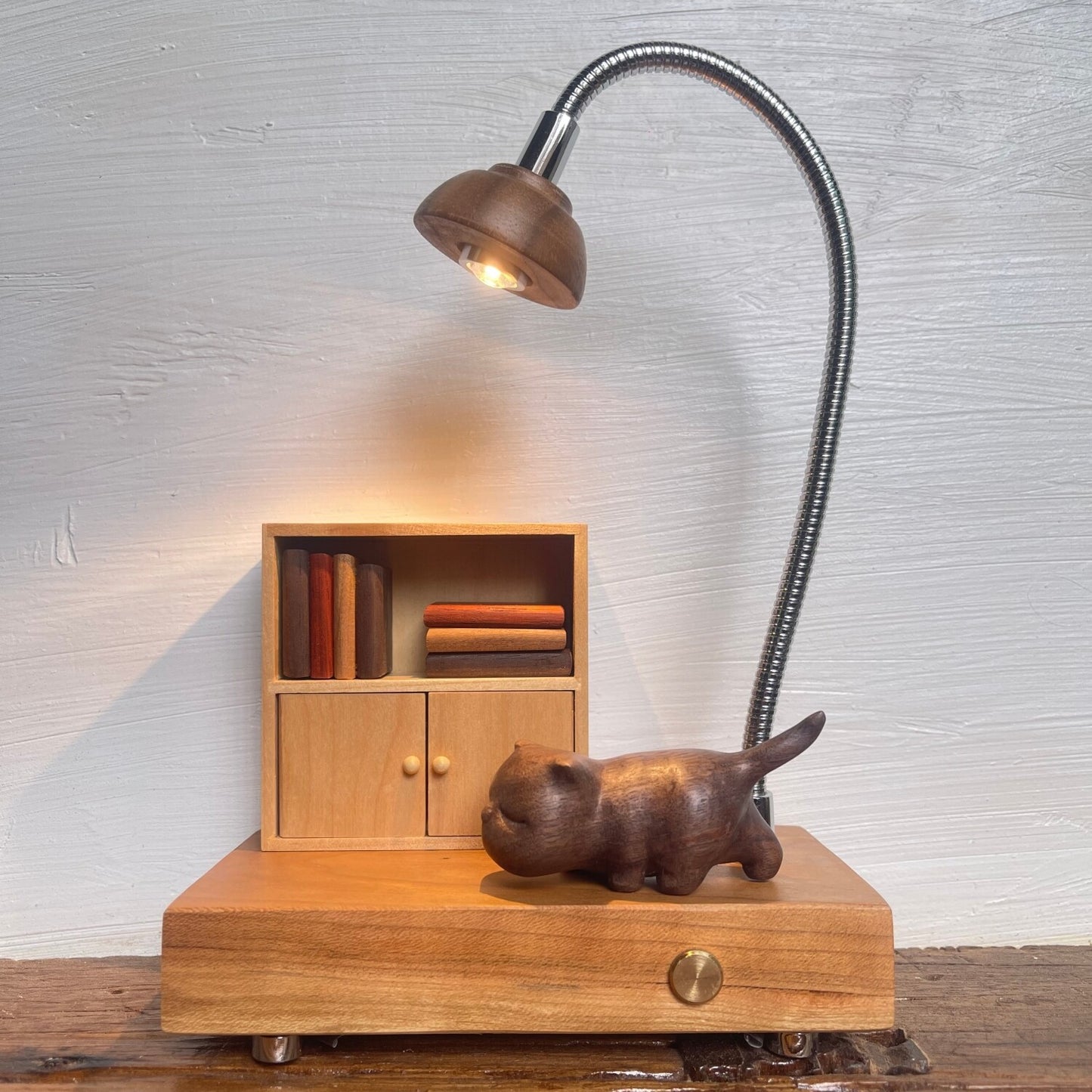 Cat & Cabinet Wood Night Light | Rosewood Walnut Cherry Desk Sculpture | Engravable Rechargeable Decor