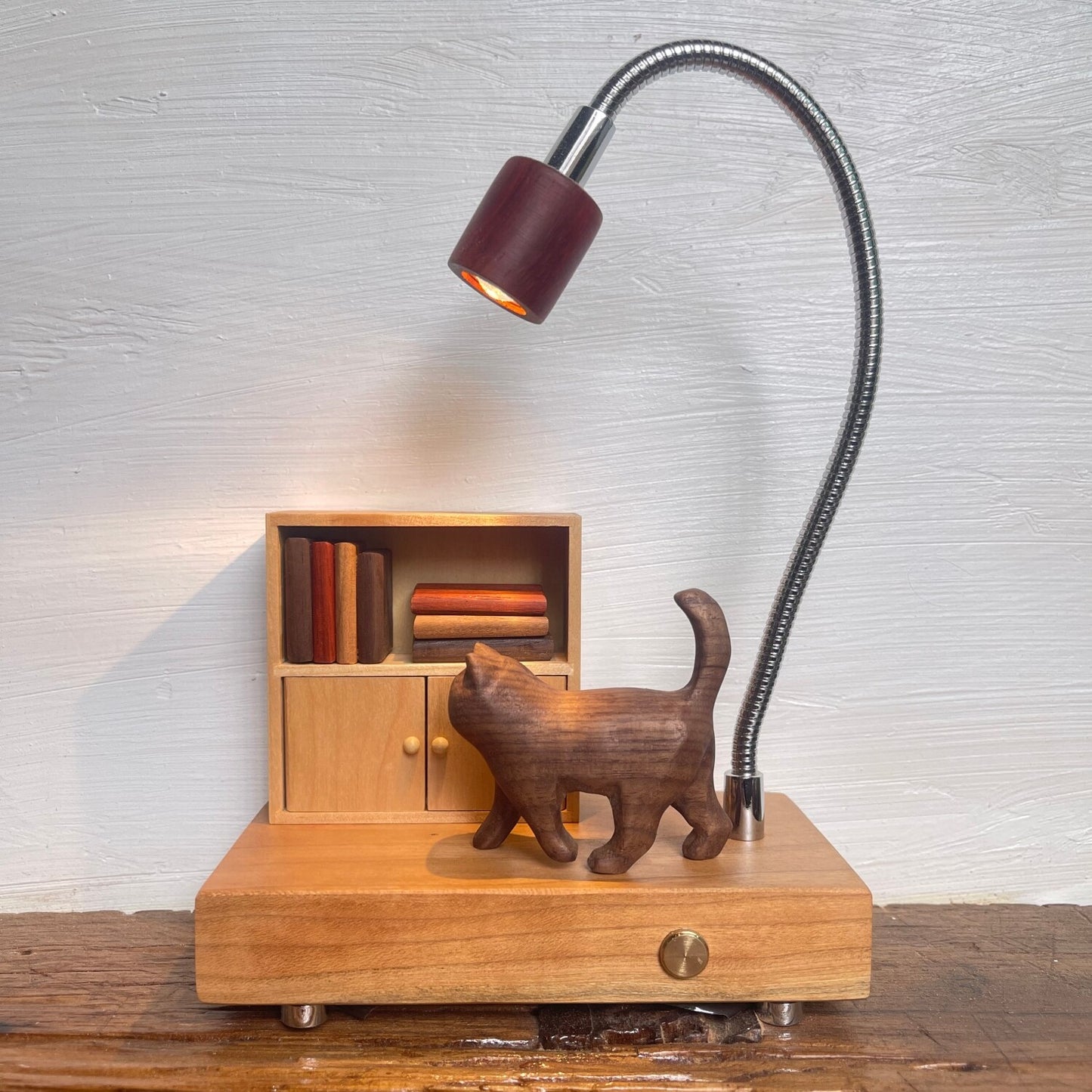 Cat & Cabinet Wood Night Light | Rosewood Walnut Cherry Desk Sculpture | Engravable Rechargeable Decor
