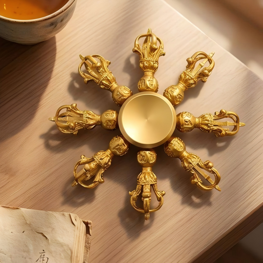 Vajra Dorje Brass Fidget Spinner | 8-Arm Buddhist Scepter EDC Stress Relief | Desk Sculpture Gift