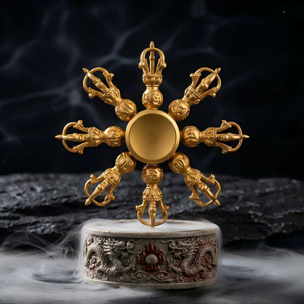 Vajra Dorje Brass Fidget Spinner | 8-Arm Buddhist Scepter EDC Stress Relief | Desk Sculpture Gift