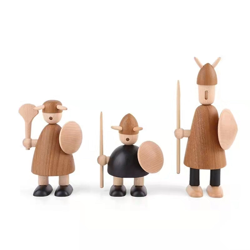 Viking Warrior Wood Figurine - Handcrafted Desktop Ornament Set