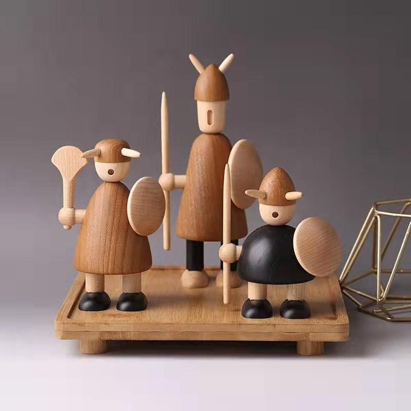 Viking Warrior Wood Figurine - Handcrafted Desktop Ornament Set