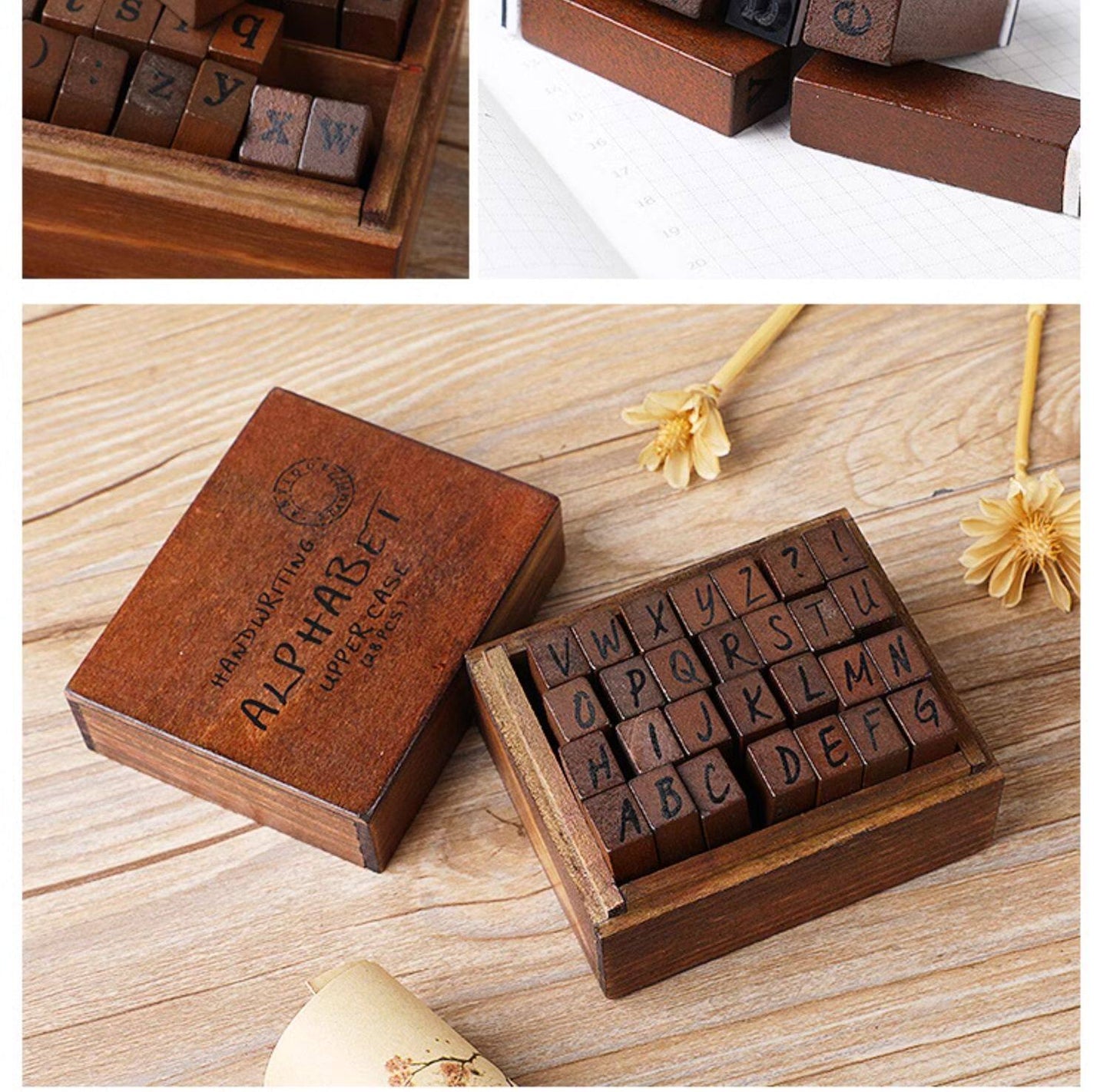 Vintage Wooden Stamp Set 28pcs | Uppercase Lowercase Alphabet & Weather Numbers | Journal Scrapbook DIY