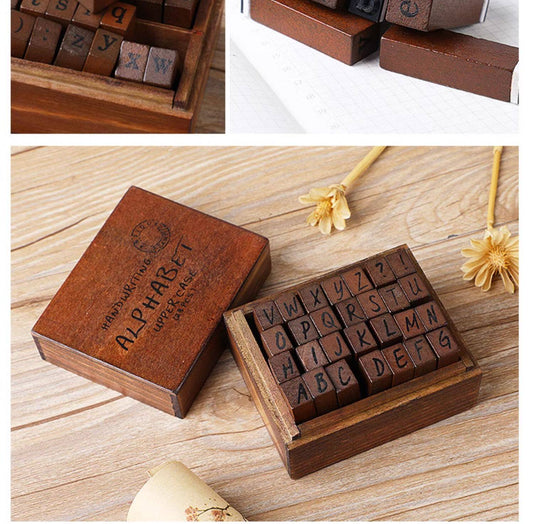 Vintage Wooden Stamp Set 28pcs | Uppercase Lowercase Alphabet & Weather Numbers | Journal Scrapbook DIY