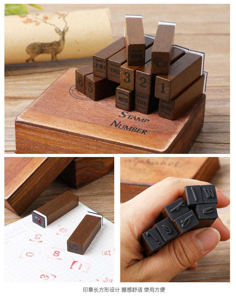 Vintage Wooden Stamp Set 28pcs | Uppercase Lowercase Alphabet & Weather Numbers | Journal Scrapbook DIY