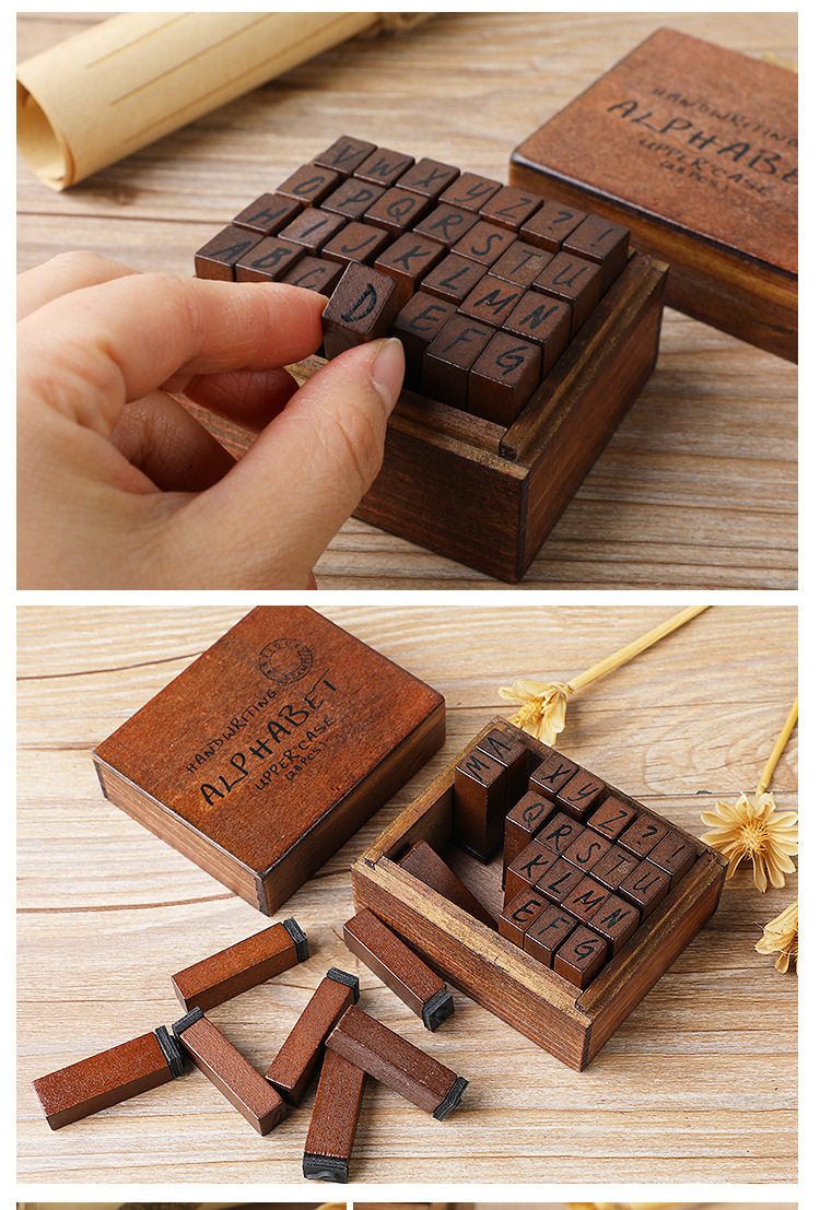 Vintage Wooden Stamp Set 28pcs | Uppercase Lowercase Alphabet & Weather Numbers | Journal Scrapbook DIY