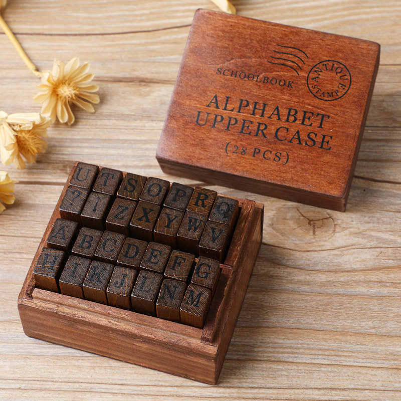 Vintage Wooden Stamp Set 28pcs | Uppercase Lowercase Alphabet & Weather Numbers | Journal Scrapbook DIY