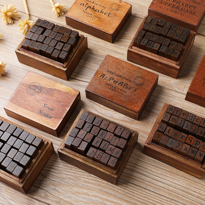 Vintage Wooden Stamp Set 28pcs | Uppercase Lowercase Alphabet & Weather Numbers | Journal Scrapbook DIY