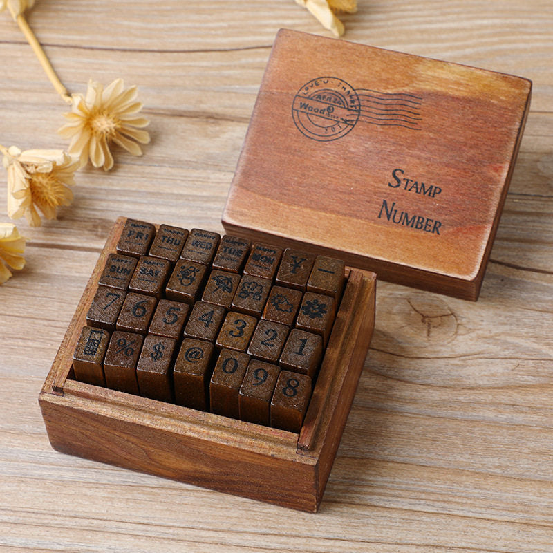 Vintage Wooden Stamp Set 28pcs | Uppercase Lowercase Alphabet & Weather Numbers | Journal Scrapbook DIY
