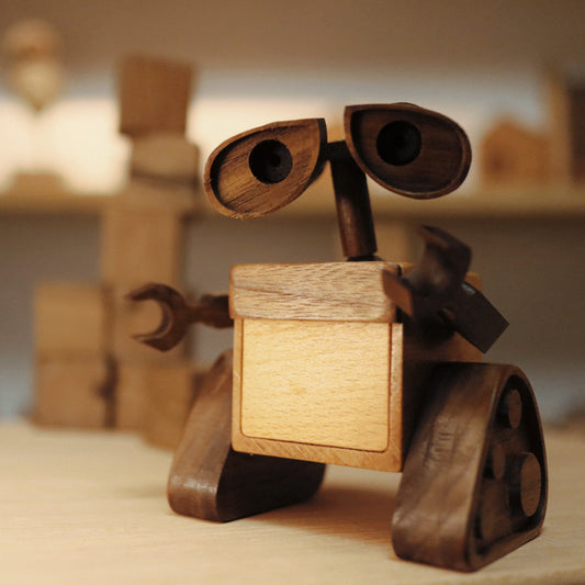 Wooden Robot Couple Sculpture | Walnut & Beech Desk Ornament | Romantic Pair Gift
