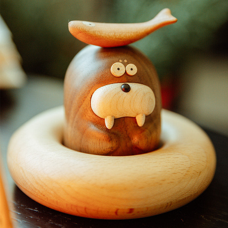 Walrus Nana Wooden Desk Sculpture - handcrafted, wooden sculpture, animal gift - lifestyle photo