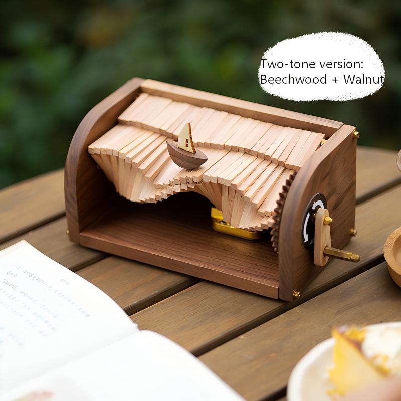 Wave Motion Sailboat Music Box | Hand-Crank Wooden Ornament | Ocean Waves Stress Relief Gift