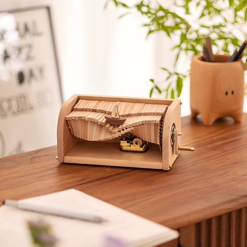 Wave Motion Sailboat Music Box | Hand-Crank Wooden Ornament | Ocean Waves Stress Relief Gift