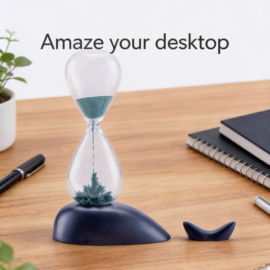 Desk with a sand timer, notebook, and pen, featuring text 'Amaze your desktop'.