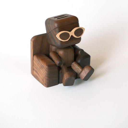 Wobbly-Leg Woody | Solid Wood Robot Figurine with Walnut Sofa & Magnetic Sunglasses | Engravable Desk Decor