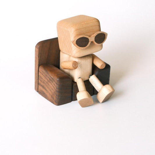 Wobbly-Leg Woody | Solid Wood Robot Figurine with Walnut Sofa & Magnetic Sunglasses | Engravable Desk Decor