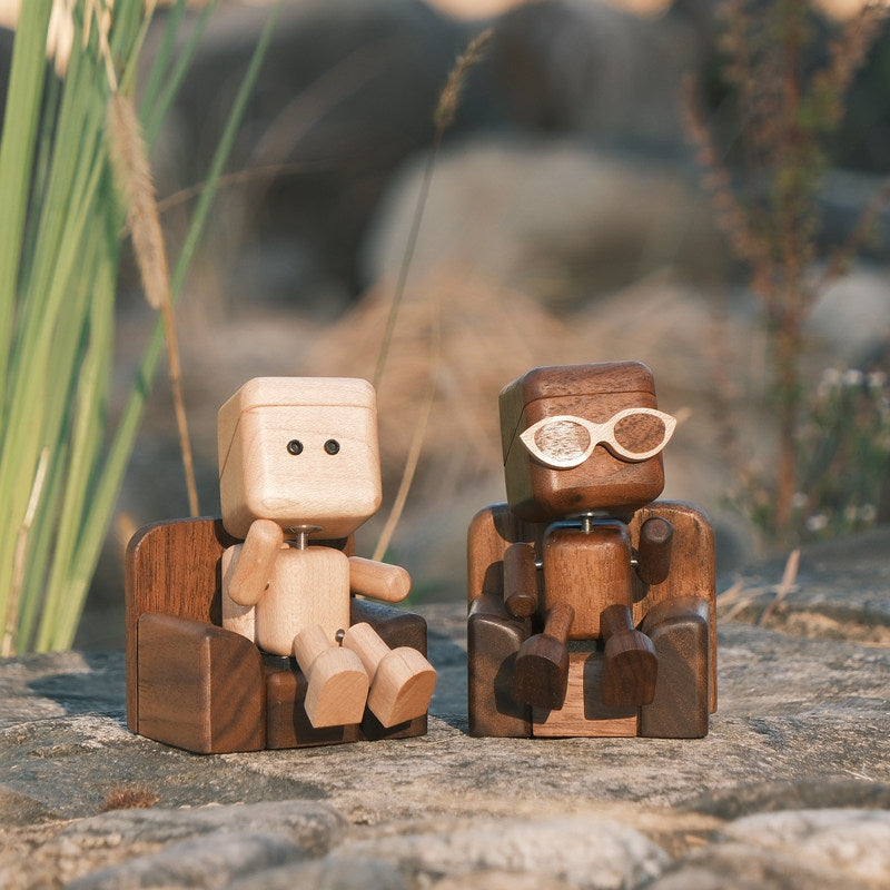 Wobbly-Leg Woody | Solid Wood Robot Figurine with Walnut Sofa & Magnetic Sunglasses | Engravable Desk Decor