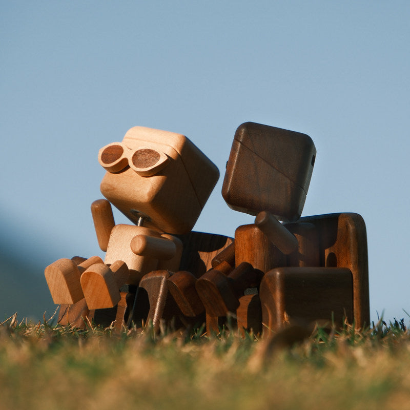 Wobbly-Leg Woody | Solid Wood Robot Figurine with Walnut Sofa & Magnetic Sunglasses | Engravable Desk Decor